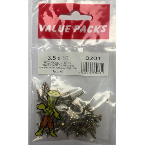 3.5 X 16 Pozi Csk Chipboard Screws Yellow 60 Per Pack 3.5 X 16 Pozi Csk Chipboard Screws Yellow 60 Per Pack